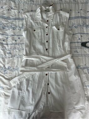 White Button-Front Shirt Dress with Waist Tie